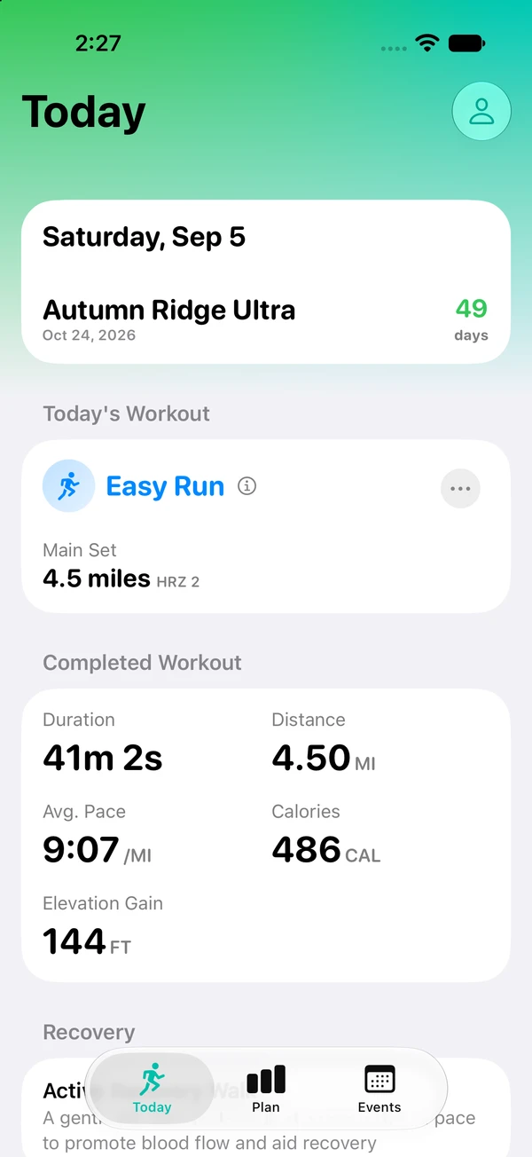 Jamotion Today screen with the scheduled run and training phase.