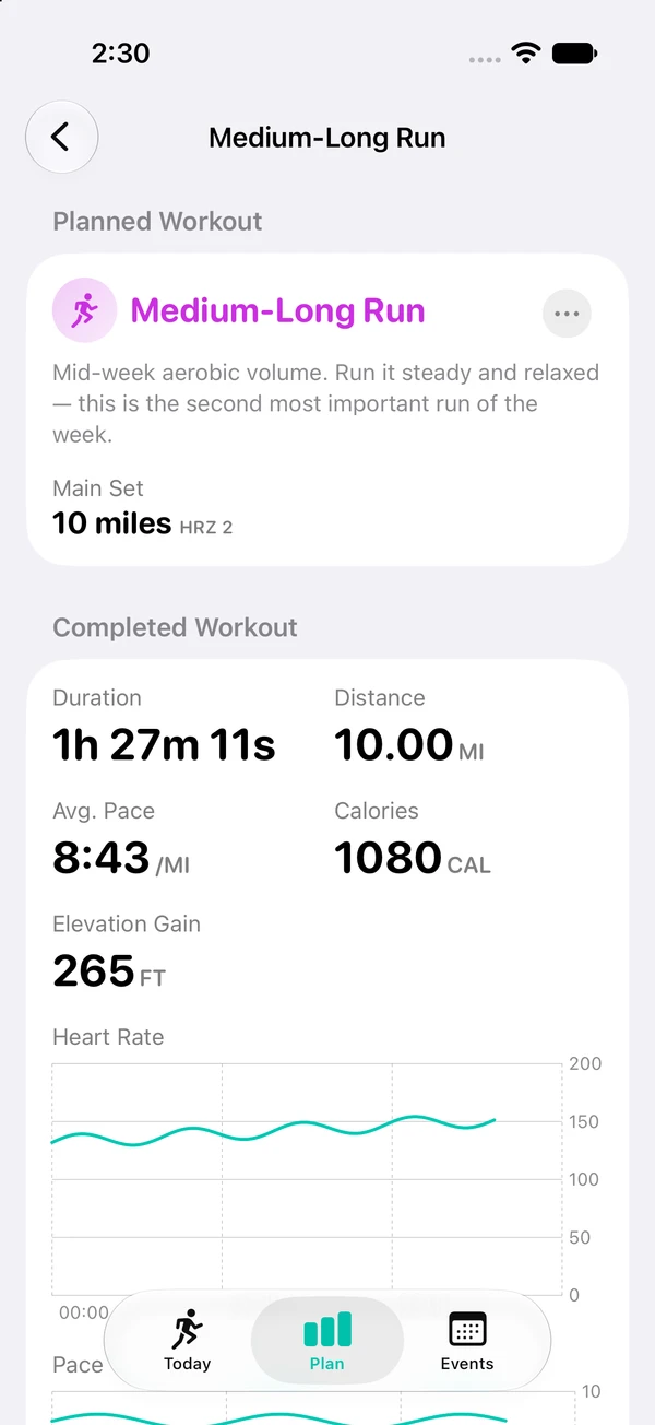 Jamotion workout detail screen with training instructions and effort targets.