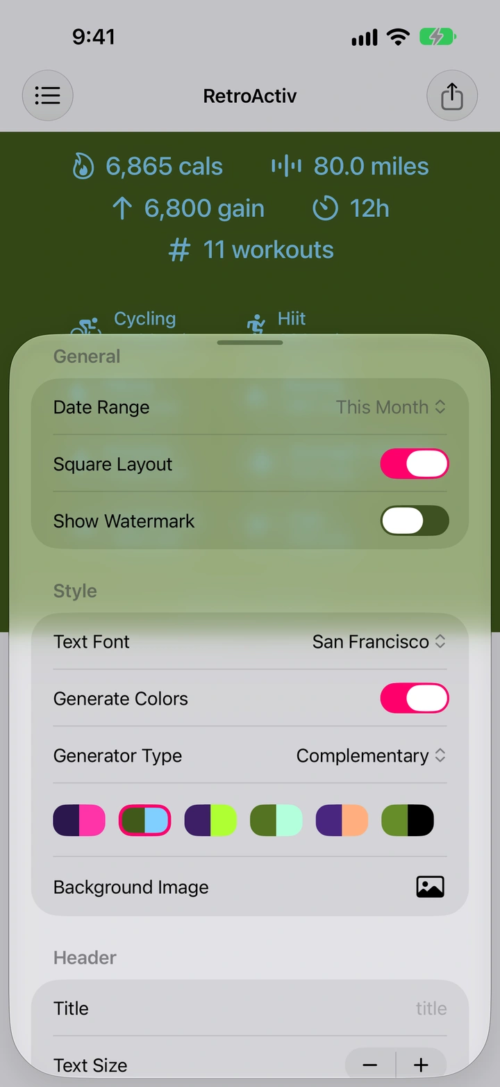 RetroActiv color controls selecting blue stats on a green background for 80 miles across 11 workouts.